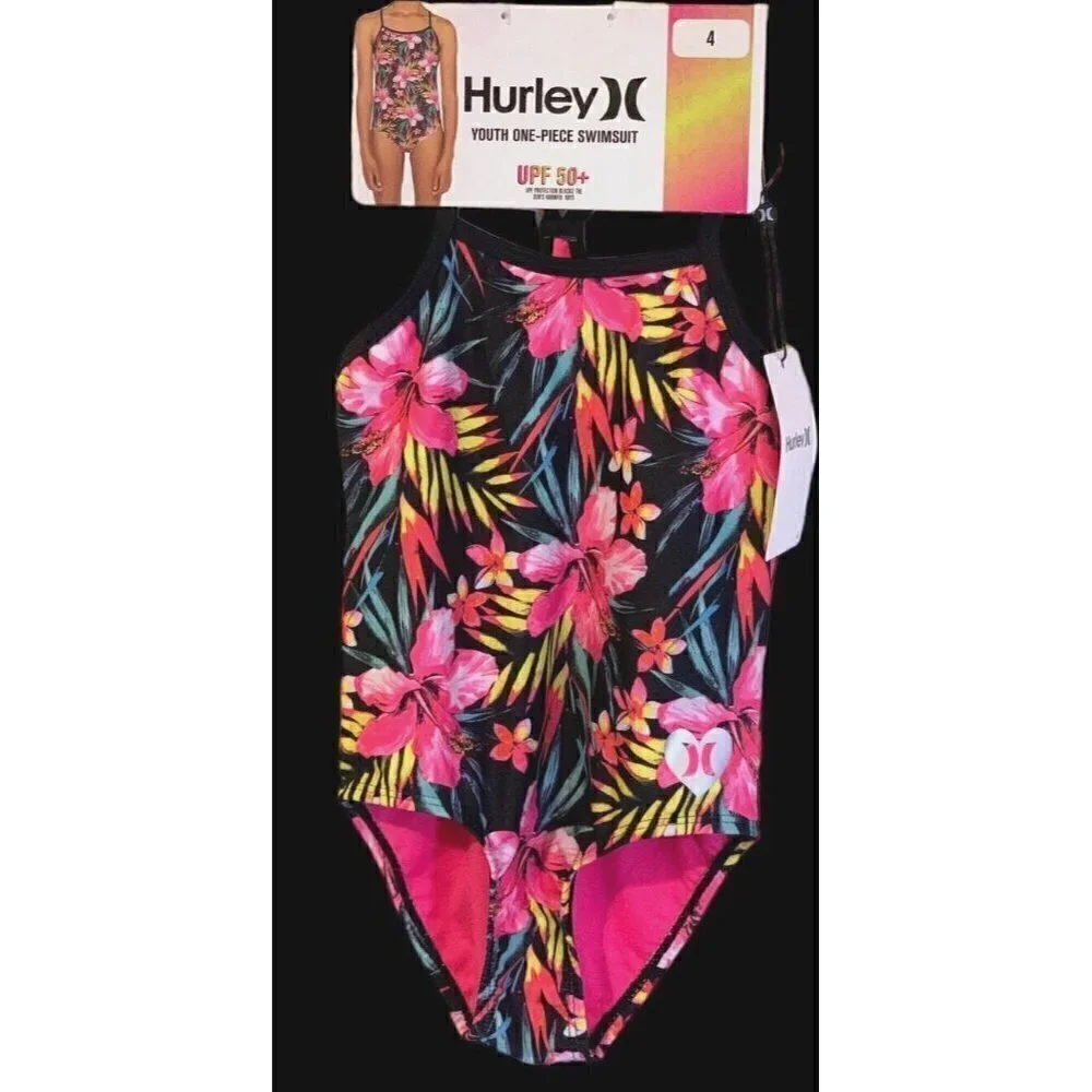 Hurley Girls UPF 50+ One Piece Quick Dry Swimsuit Youth Size 4 Pink Floral